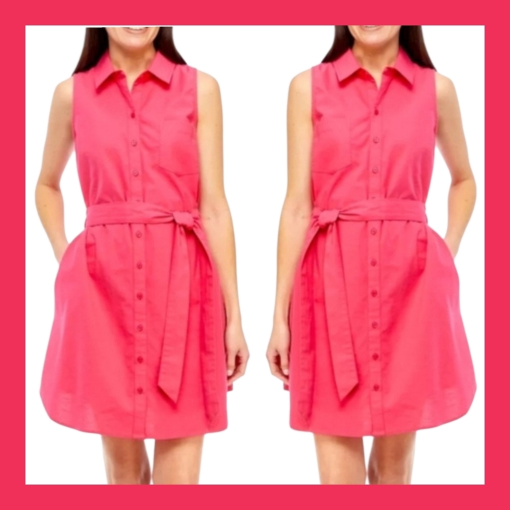 Crown & Ivy Sleeveless Pink Button-Front Shirt Dress with Tie Waist